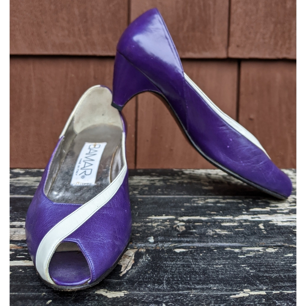 Vintage Bamar purple peep toe kitten heel slip ons 5